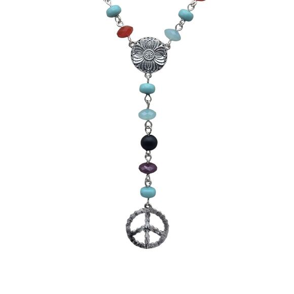 Boho Blue and Red Beaded Peace Sign Y Necklace - Picture 2 of 7